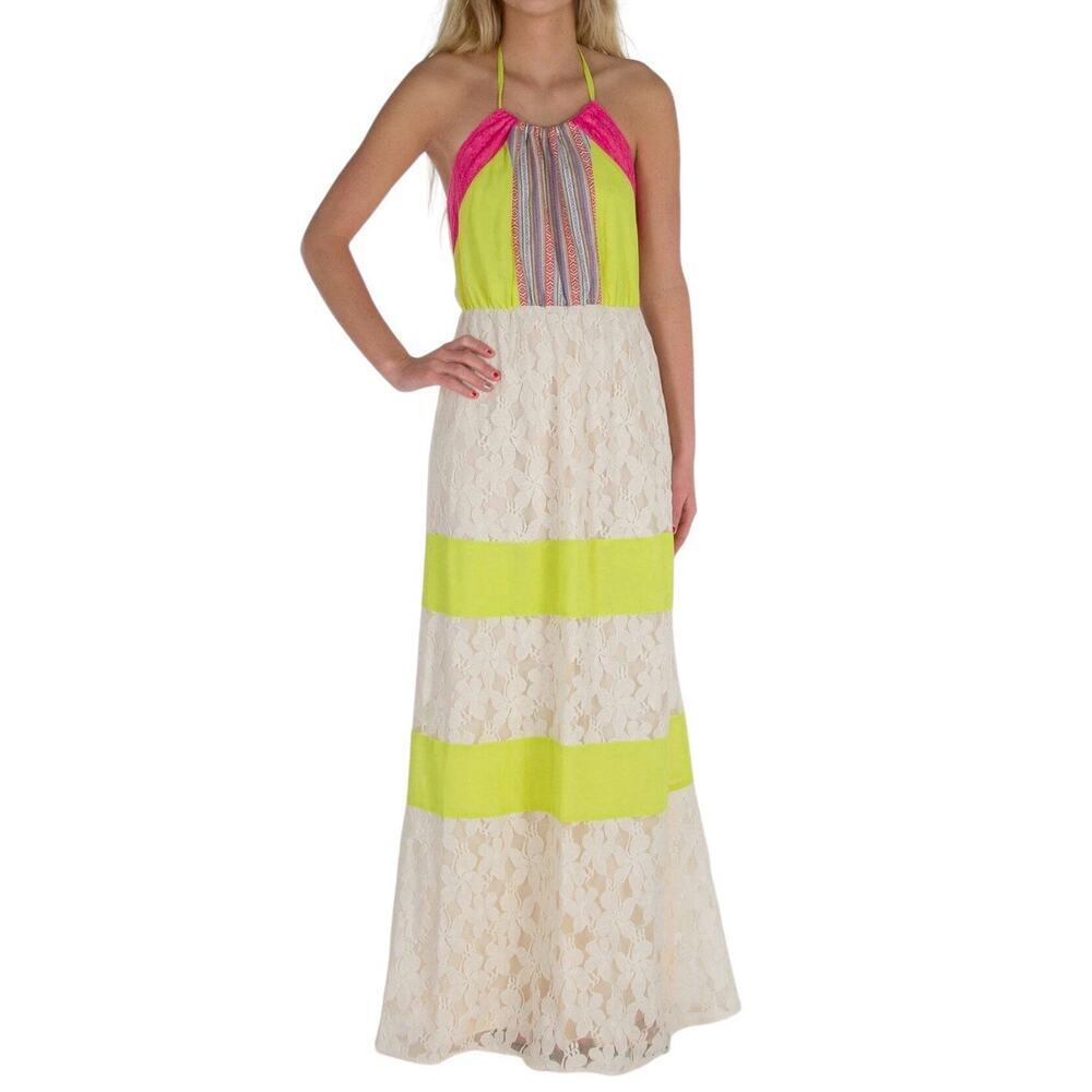 Flying Tomatoe Lace Maxi Dress Women’s Small Ivory Lemon Halter Bohemian